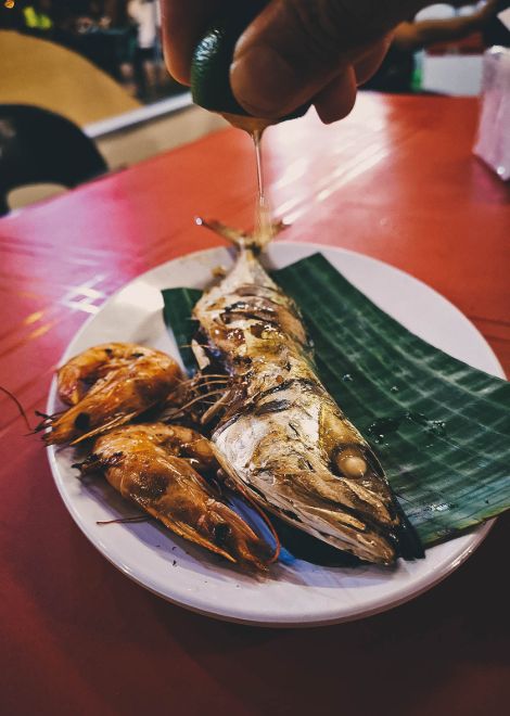 BBQ mackerel with prawns straight off the hot coals